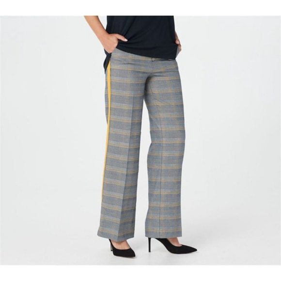 NWT G.I.L.I. PETITE WIDE LEG PLAID PANTS NAVY/GOLD STRIPE-VARIOUS SIZES - Picture 1 of 8